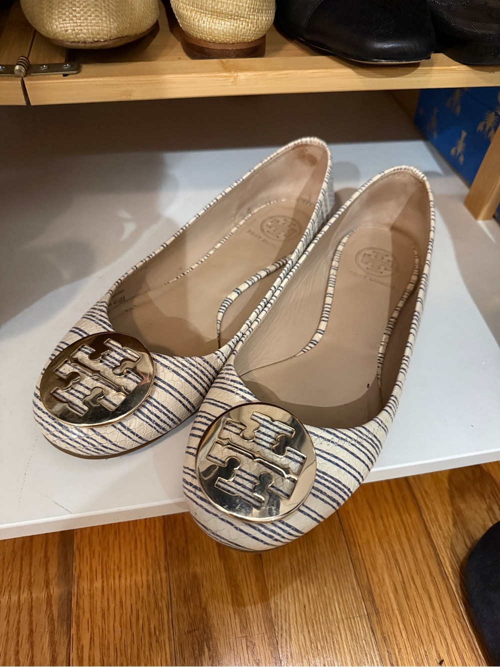 Tory Burch Cream and Navy Striped Logo Ballet Flats